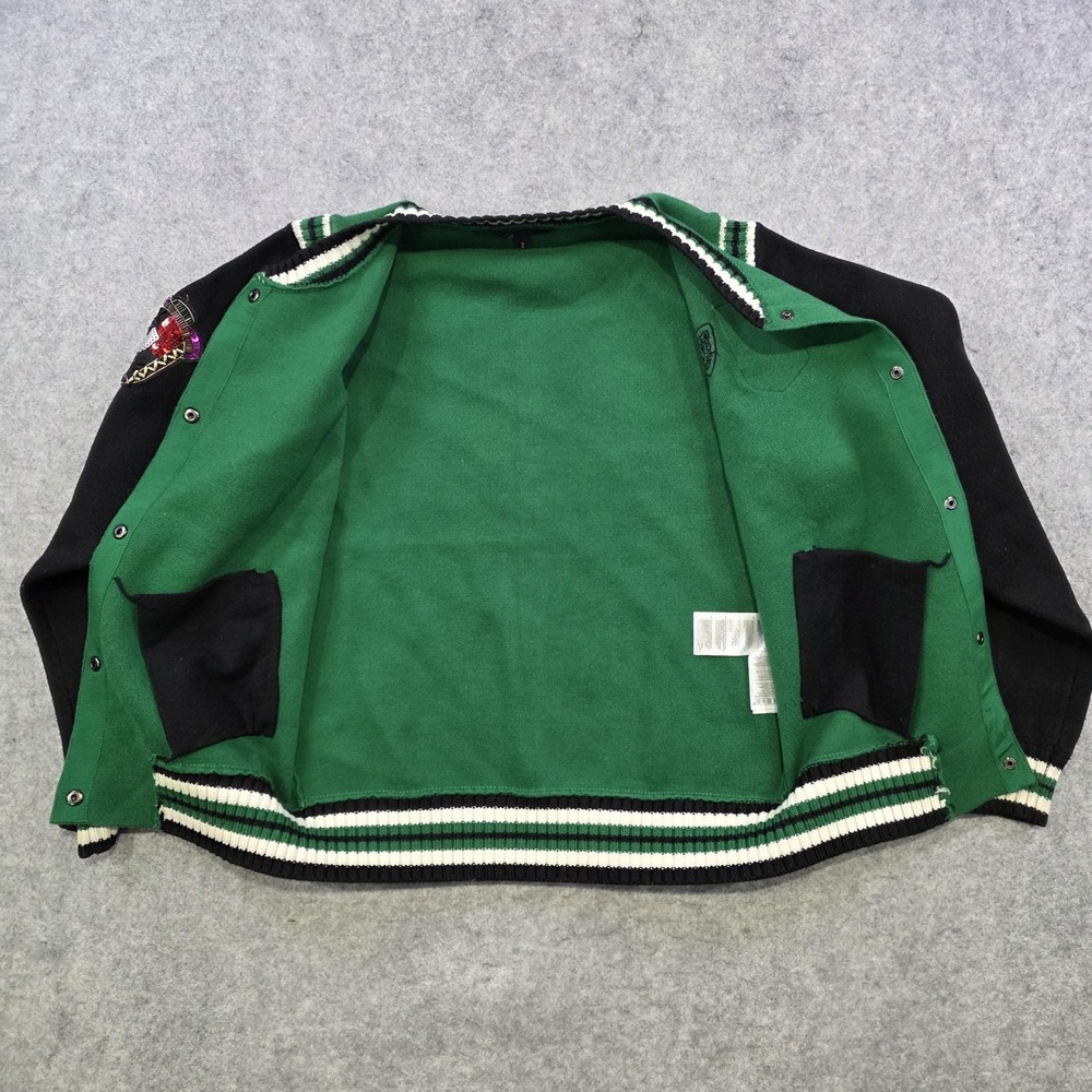 Maje Sweater Womens‎ 2 Green Varsity Cardigan Knit Sequin Patches Jacket Preppy - Picture 9 of 13